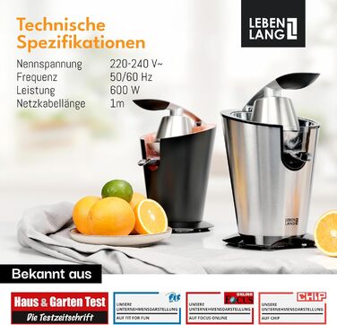Електрична соковитискачка LEBENLANG 600W з нержавіючою келихом, BPA-Free, висока продуктивність. Підходить для цитрусових: апельсин, лимон, грейпфрут.