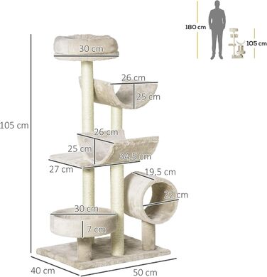 PawHut Дерев'яний кігтеточки для котів, комплексна когтеточка з тунелем, ігровий комплекс, 50 x 40 x 105 см, Бежевий