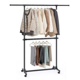 Вішалка для одягу SONGMICS LLR401B01 з 2 штангами, чорна, на колесах, регульована висота 113-180 см