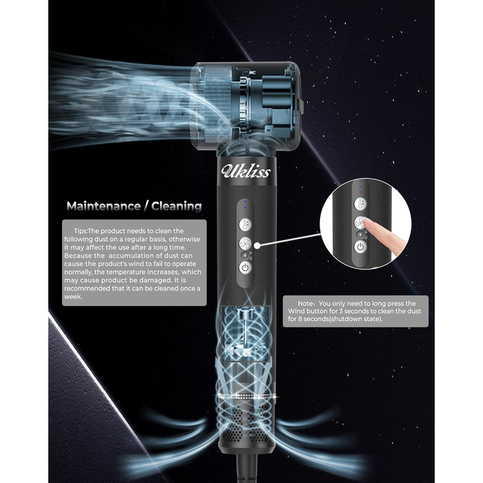 UKLISS Air Styler 7 в 1: Фен-щітка з 7 насадками для сушіння, локонів та об'єму. Іонізація, чорний