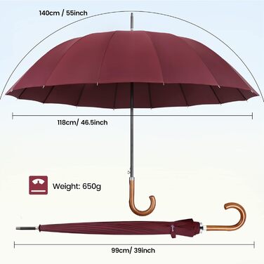 NINEMAX Large Windproof Umbrella - Wooden Handle Walking Umbrella for Men & Women - 16 Ribs Automatic Open - Burgundy