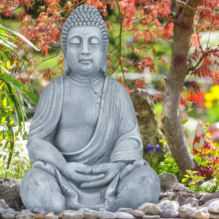 Relaxdays XL Buddha Figure Sitting, 50 cm tall, Feng Shui, Outdoor, Garden Decoration Figure, large Zen Buddha Statue, light grey