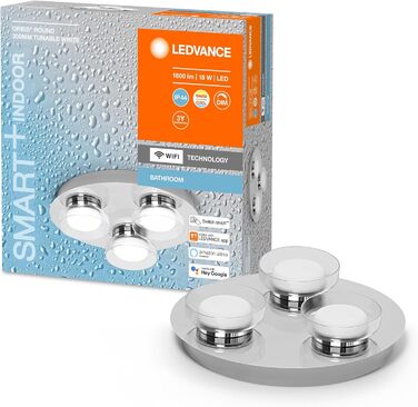LEDVANCE Smart LED Bathroom Lamp Chrome, 18W, 1800LM, 3000-6500K, 30cm, IP44, Orbis Round Wall Light, Bathroom Light with Wi-Fi Technology, Dimmable, Controllable via App and Voice Assistants