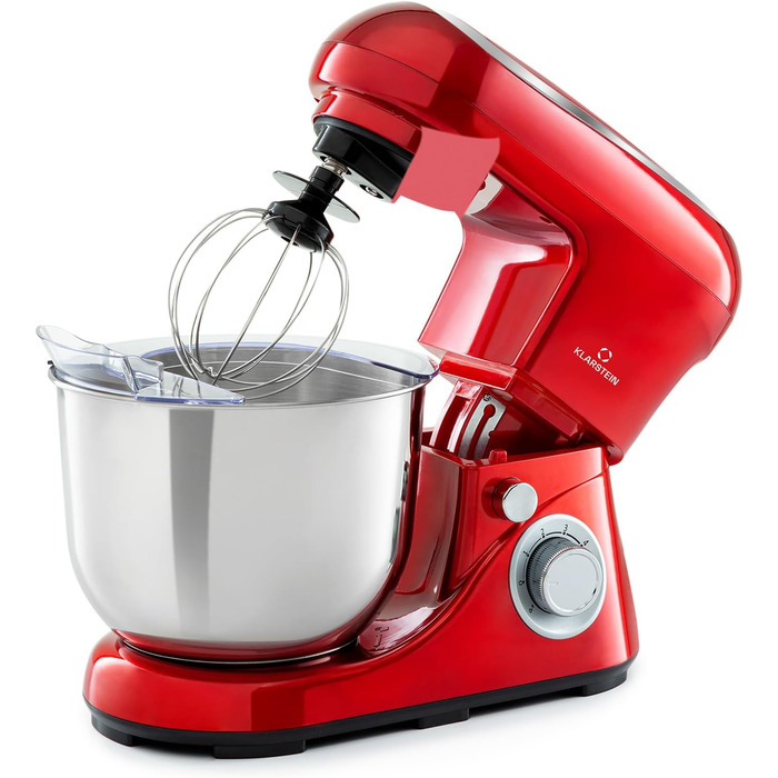 Klarstein Kitchen Machine - 1300W Stand Mixer with 6 Speeds, Dough Hook, Whisk & Beater, 5L Bowl, Planetary Mixer for Bread Dough - Red