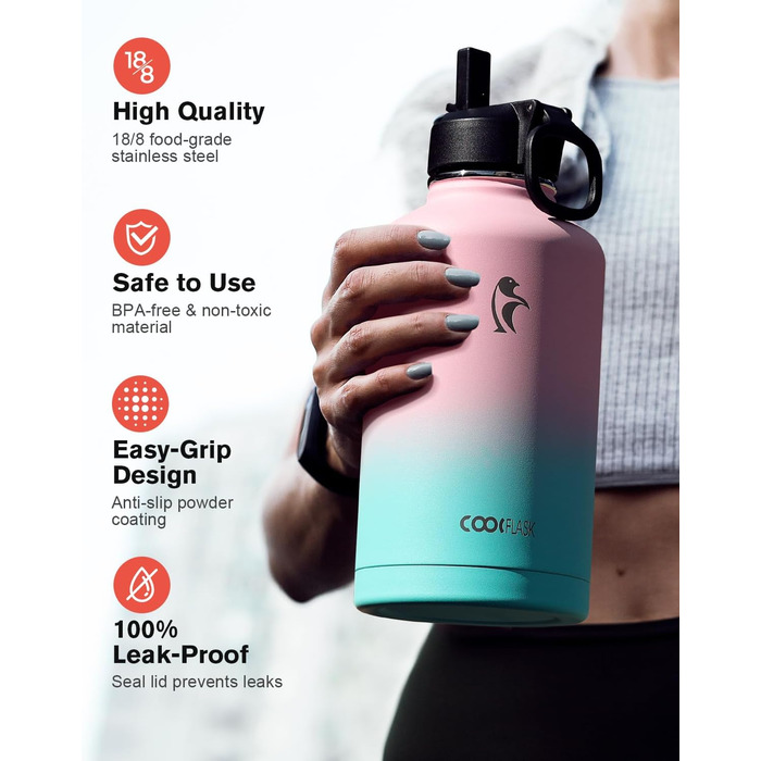 Термопляшка Coolflask 2л з соломинкою та 3 кришками, нержавіюча сталь, для спорту/офісу, герметична (Bubble Gum, 1893 мл)