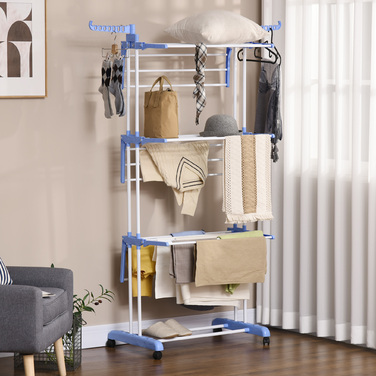HOMCOM Clothes Dryer Rotary Clothes Airer 73 x 64 x 177cm Extendable with Wheels 4 Levels for Indoor and Outdoor Use Steel Blue