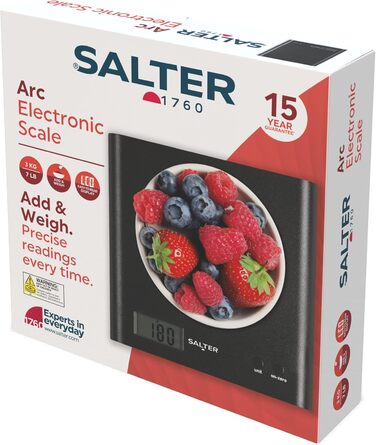 Кухонні ваги Salter Arc 1066 BKDRAS15 - цифрові, чорні, з LCD-дисплеєм, функція таро та додавання