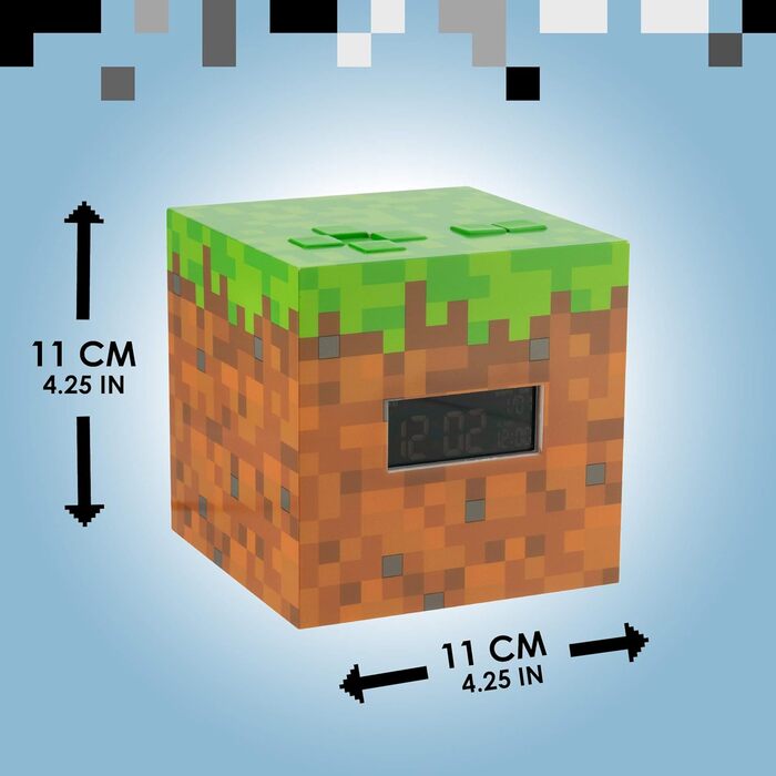 Будильник Minecraft Grasblock: офіційно ліцензований, з підсвіткою, відтворює музику з гри, декор для кімнати геймера Minecraft, 13 x 13 см, зелений