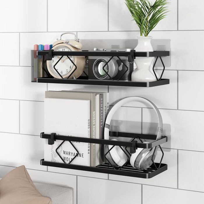 Полиця для душу без свердління, чорна, 2 шт. - полиці для душу з нержавіючої сталі, 5 гачків та 2 тримачі для зубних щіток, самоклеюча органайзер для ванної кімнати, кухні, вантажопідйомність 16 кг