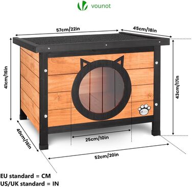 Будинок для котів VOUNOT® з асфальтовим дахом, вулиця, 57 x 45 x 43 см (дерево, вушка кота)