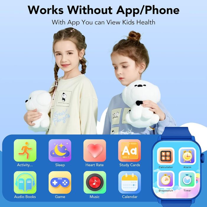 Смарт-годинник для дітей 1.8' з IP68, шагомір, монітор серцевого ритму та сну, активність 24/7, для iOS та Android, Deep Blue