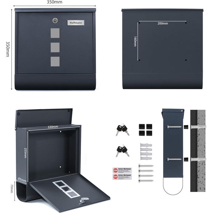 Поштовий ящик Zedelmaier XXL персоналізований з нержавіючої сталі, 35x35 см, 4 ключі, для листів B5/C4, з газетницею, RAL 7016 Антрацит