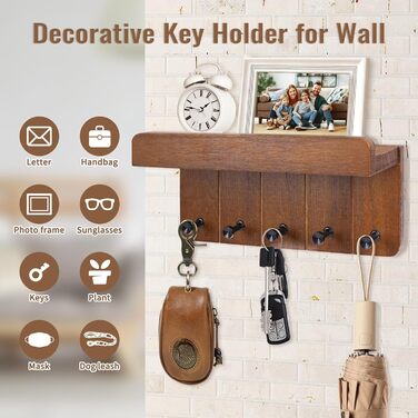Дерев'яне ключниця з поличкою, ключниця на стіну з 5 гачками, декоративне настінне кріплення для ключів, підходить для прихожей, коридору, кухні, спальні (Темно-коричневий)