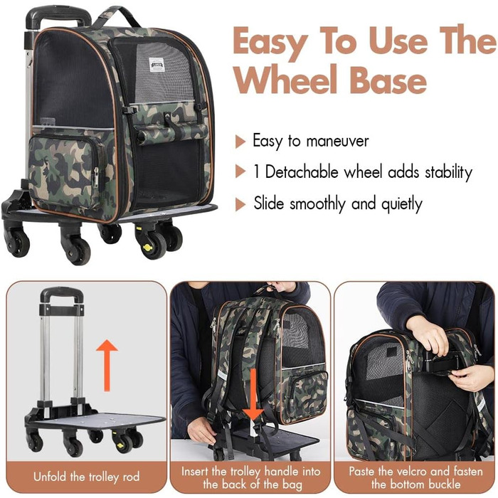 Рюкзак-переноска для котів та собак з візком 2-в-1, розширюваний, до 8 кг, камуфляж L