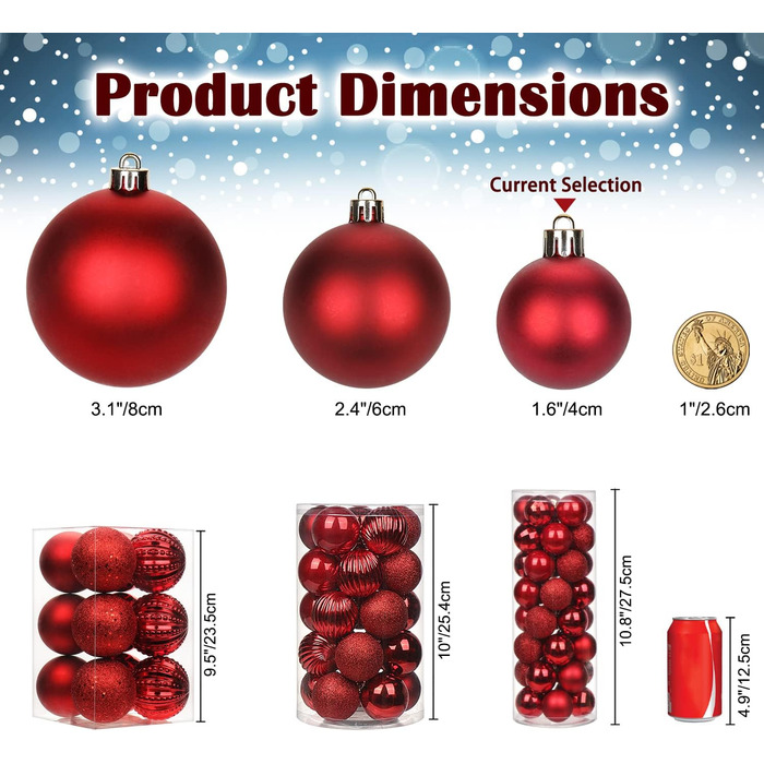 8 см Новорічні кулі для прикраси ялинки, 12 шт. Міцні новорічні кулі-орнаменти для ялинки, червоні. Новорічний декор