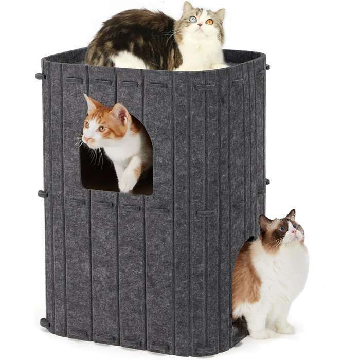 FUKUMARU Будиночок-печера для котів, сірий, 45 x 37 x 60 см, 3-ярусний, для сну та ігор