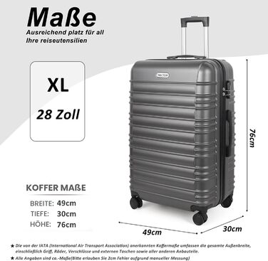 Великий валіз з ABS пластику на колесах, Trolley, валіз для подорожей з 4 колесами (360°), кодовий замок з 3 цифрами та телескопічний ручка з алюмінію (XL – 95л, Темно-сірий)