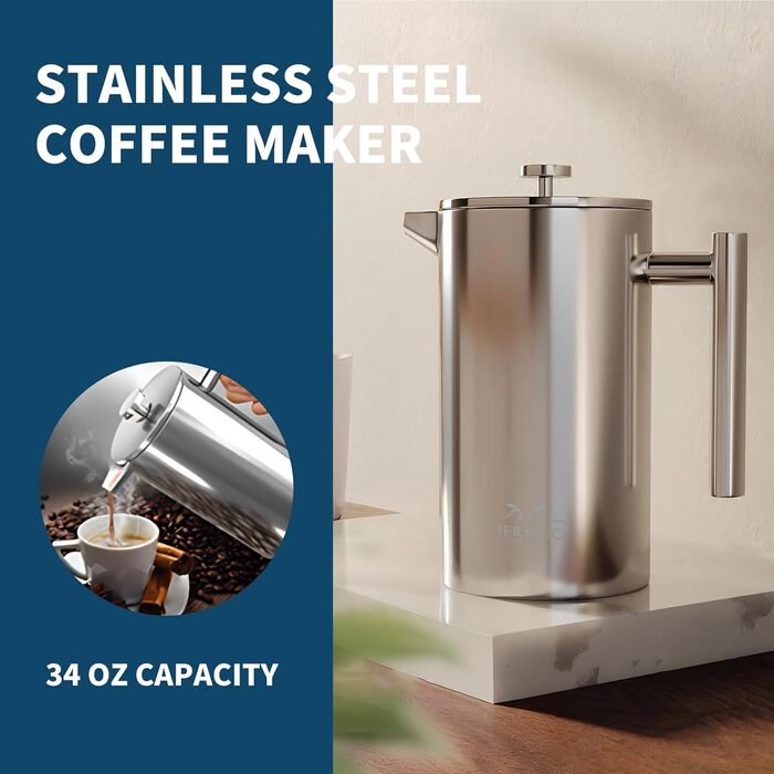 Френч-прес MERMOO YILAN 1L з нержавіючої сталі: термоізольований кавовар для кемпінгу, з подвійною стінкою, 1000 мл (срібний)