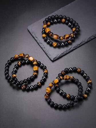 Чоловічий браслет з перлами та мінералами (набір 2 шт): тигрове око, гематит, чорний агат. Браслети з натурального каміння для чоловіків. Набір браслетів-чокерів з мінералами. Стильний аксесуар, духовний подарунок для чоловіка.