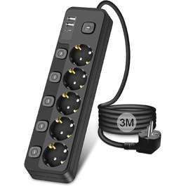 Мережевий фільтр 5-портовий з USB-A та USB-C, з індивідуальним вимикачем, захист від перенапруги, для дому та офісу (3M)