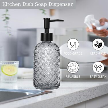 Скляний диспенсер для мила 500 мл з хвильовим дизайном для ванної кімнати та кухні, з чорним насосом, дерев'яними етикетками та воронкою (Charcoal, сірий)