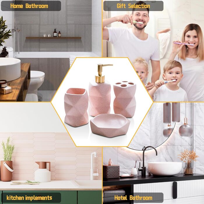 Bathroom Accessories Set, including soap dispenser, toothbrush holder, cup, soap dish, modern, elegant, bathroom organizer, ceramic bathroom decor set (Pink)