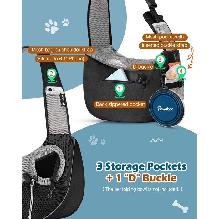Pawaboo Сумка-переноска для собак, оновлена модель з кишенею для телефону, регульована, чорна, S