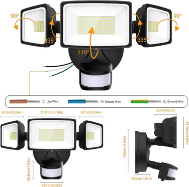Onforu LED Floodlights with Motion Sensor Outdoor 55W, 5000 LM LED Floodlight, Outdoor Spotlight with Adjustable 3 Heads, 6500K Cool White Spotlight, IP65 Waterproof Floodlight for Garage, Garden, Yard