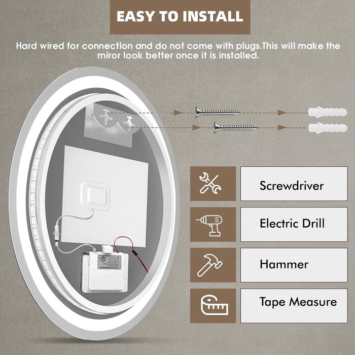 Дзеркало для ванної кімнати Viugreum з підсвічуванням 50x75 см, овальне LED дзеркало, регульована яскравість, 3 кольори світла, протитуманне покриття, годинник, сенсорна кнопка, LED дзеркало для ванної кімнати, вітальні (60 см кругле)