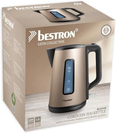 Bestron Electric Kettle with 360° Swivel Base, Auto Shut-Off & Boil-Dry Protection, 1.7L Capacity, 2200W, Black/Wood (Light Beige)