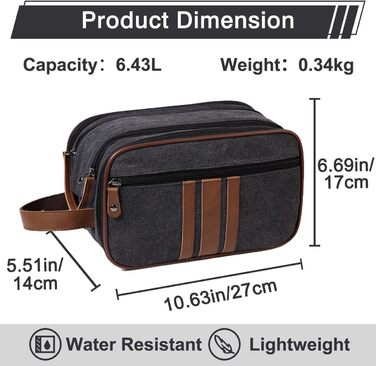 KASGO Toiletry Bag for Men and Women - Large Travel Toiletry Bag, Water-Resistant Cosmetic Bag with 3 Compartments and Leather Holder, for Bathroom, Gym, and Travel, Dark Grey