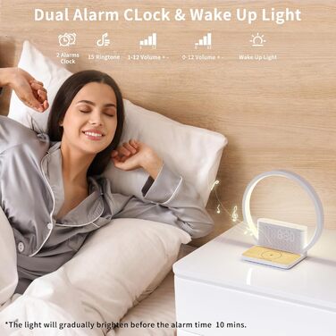 Нічна лампа RETEYUNG з бездротовою зарядкою 10W, 2 будильники, денний світловий будильник, 10 заспокійливих звуків, сенсорне регулювання яскравості (3 рівні), стиль арт-деко