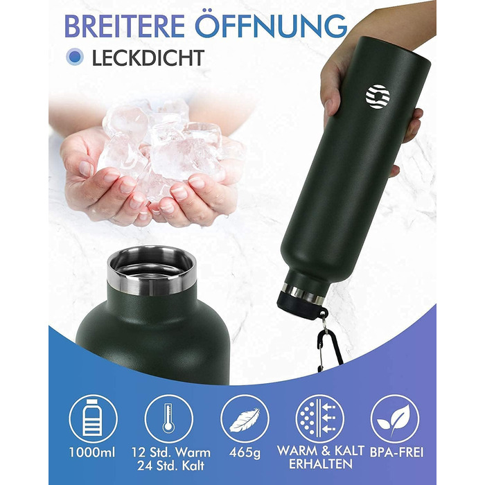 Фляга спортивна Feijian 1л з карабіном, нержавіюча сталь, термофляга, без BPA, для напоїв, кемпінг, спорт, школа, армійський зелений