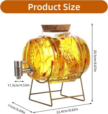 Barrel-shaped drink dispenser, 3L/5L glass water dispenser with stand, barrel decanter with tap, alcohol dispenser ideal for wine, whiskey, beer, juices, lemonade, gifts for friend, husband, father (5L, glass barrel)
