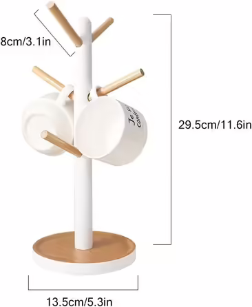 Removable Wooden Tree Cup Shelf, Coffee Cup Holder for Coffee, Tea, Mug, Display Stand, Coffee Bar Accessories with 6 Hooks (white)