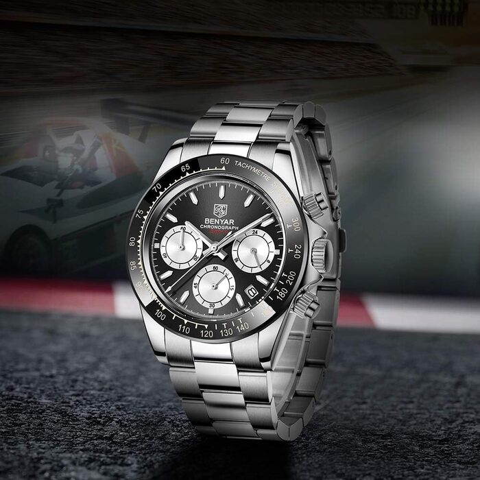 Чоловічий годинник BENYAR з кварцовим механізмом, аналоговий хронограф, бізнес-стиль, водонепроникний, з нержавіючої сталі, для відпочинку та спорту (чорний та білий)