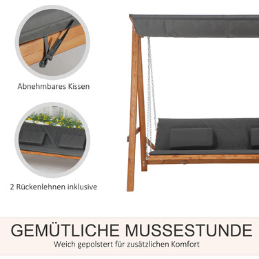 Outsunny 2-Seater Hollywood Swing with Bed Function, Garden Swing with Canopy, Wooden Garden Swing, 225.5 x 113 x 180 cm, Grey, Teak