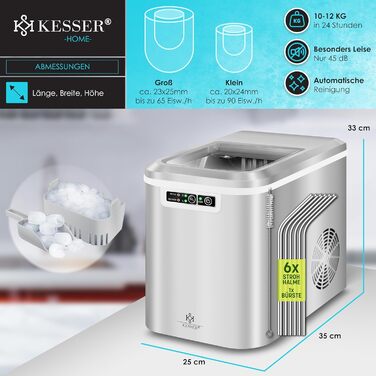 Машина для приготування льоду KESSER® з нержавіючої сталі, 12 кг/24 год, 2,2 л резервуар, LED-дисплей, самоочищення