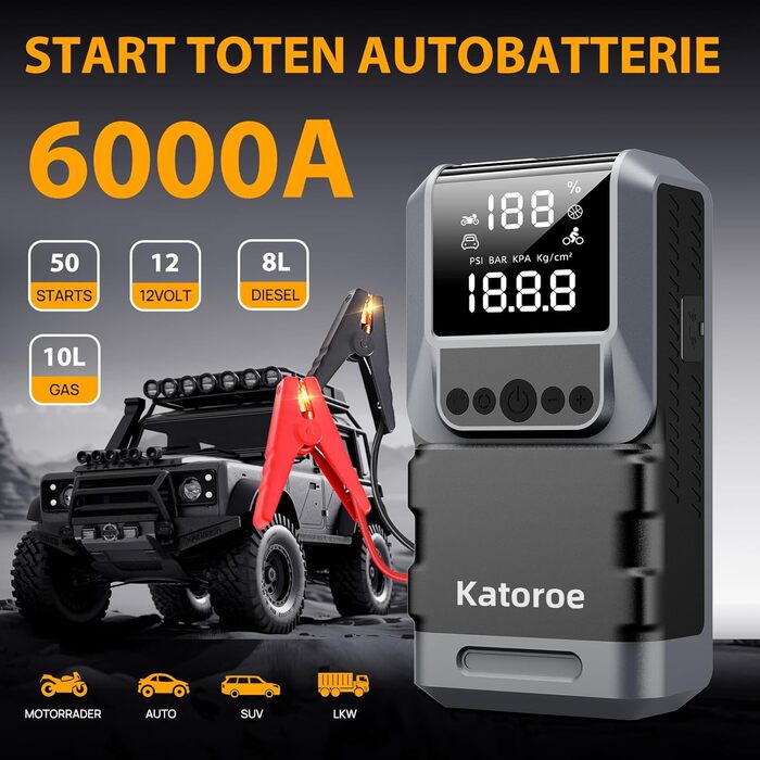 Powerbank для автомобіля 60000A з пусковим струмом, бустер для бензину/дизеля (10.0L/8.0L), ліхтарик 400 люмен, 2xUSB, потовщені кабелі - чорний