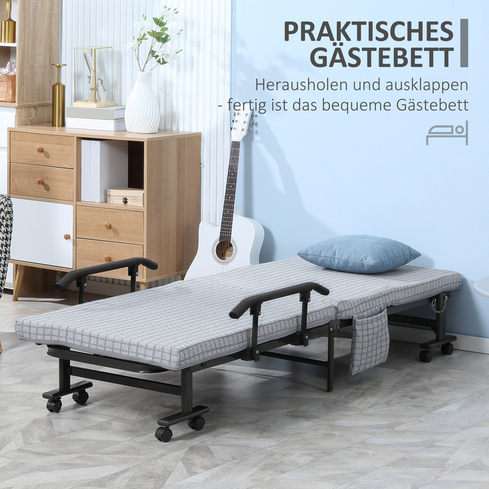 HOMCOM Folding Bed Guest Bed with Wheels and 5-Position Adjustable Backrest, Travel Bed with Steel Frame in Light Grey and Black, 190x76x33cm