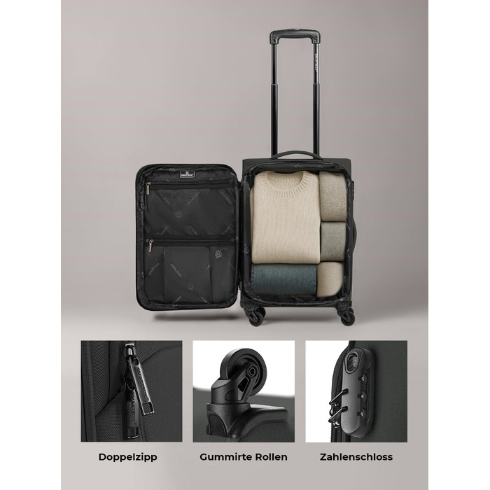 Набір валіз SMARTBOX 3-в-1 для жінок та чоловіків | Легкі та міцні валізи-ролери, якісний softcase, 4 колеса та кодовий замок | Розширювані валізи (Чорний колір, розмір S (56 см))