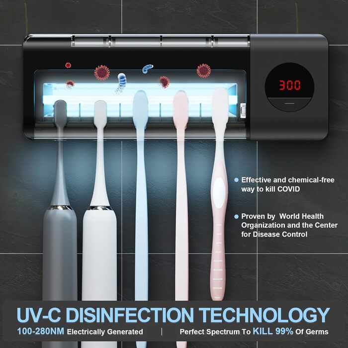 Стерилізатор зубних щіток DSHOW UV з таймером, бездротовий настінний, 2000mAh, білий/чорний