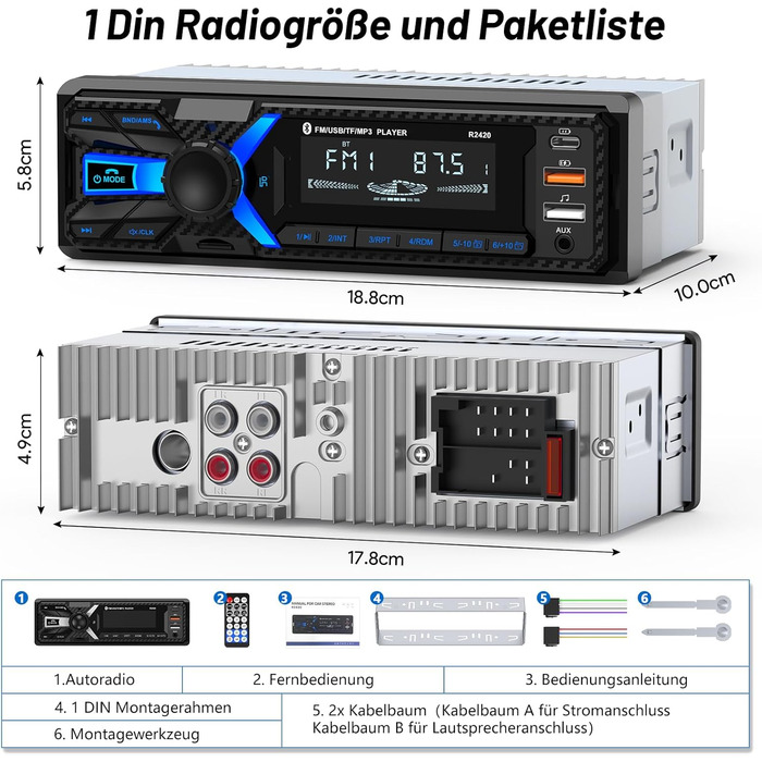 Автомагнітола Wistrue 1DIN з Bluetooth, FM/AM, USB/SD, AUX, MP3, Type-C, чорна