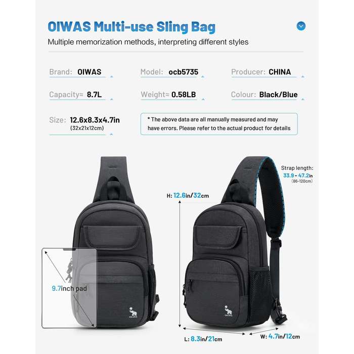 Чоловіча нагрудна сумка Oiwas, маленька сумка через плече для чоловіків та жінок, спортивна сумка для піших прогулянок та активного відпочинку (чорна)