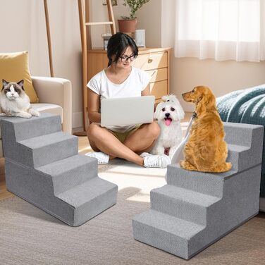 Myiosus Dog Stairs for Small Dogs, 2 Steps Pet Stairs, Waterproof Dog Steps made of Sponge, Non-Slip Dog Ramp for Sofa Bed, Dog Stairs with Washable Cover, Portable Cat Stairs (Removable 5-Step Dog Stairs, Grey)