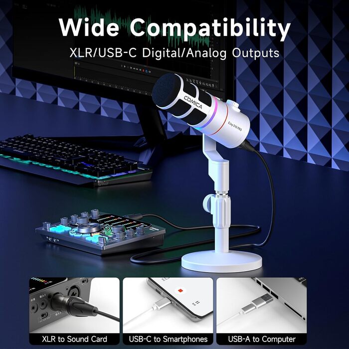 Мікрофон COMICA EJoy D10 Pro: динамічний, кардіоїдний, USB-C/XLR, RGB-підсвічування, моніторинг