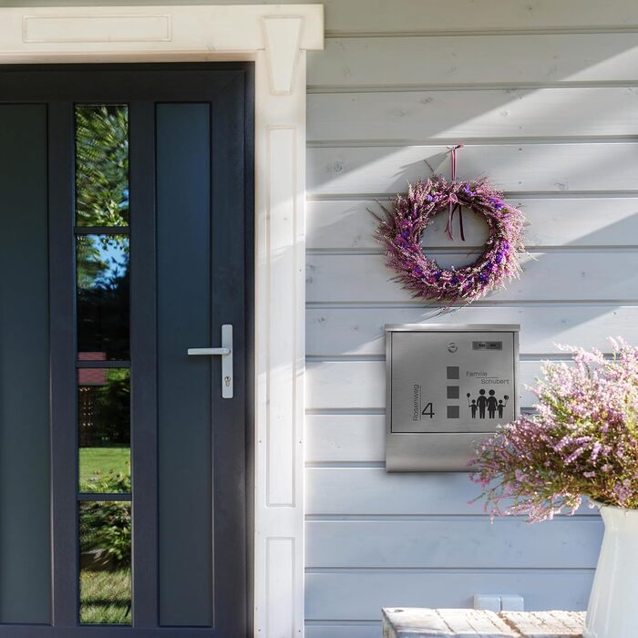 Поштовий ящик Grafner з нержавіючої сталі, персоналізований з газетницею та 2 ключами. Гравіювання імені, вулиці та номера будинку. Комплект для монтажу (Сім'я 4)