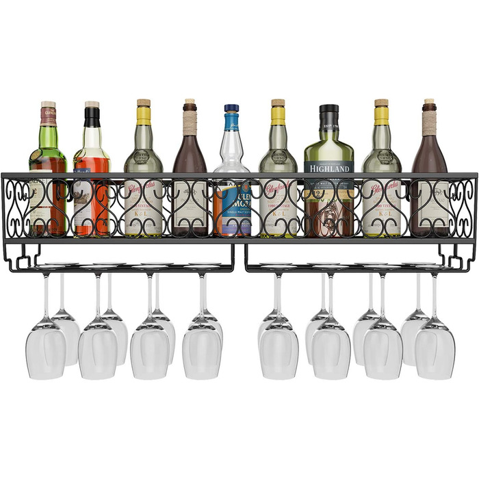 W-612 Metallic Black Wall-Mounted Wine & Champagne Glass Goblets Stemware Rack Holder, 80 x 20 cm Capacity up to 18 Bottles of Wine and 18 Glasses