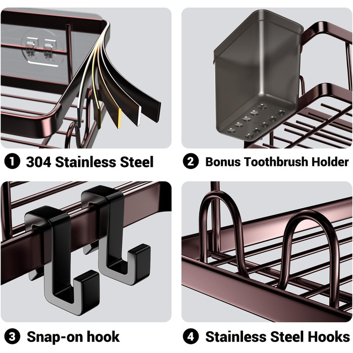 Кутова поличка для душу: 2 шт. самоклеючі полиці для душу – без свердління, нержавіюча сталь, поличка для душу з гачками та тримачем для зубної пасти – аксесуари для ванної кімнати