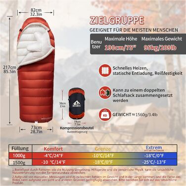 Спальний мішок для дорослих з пухом, 680FP, Outdoor, зимовий, для кемпінгу, походів та подорожей, з компресійним мішком. -10°C, сірий (-4°C, червоний)